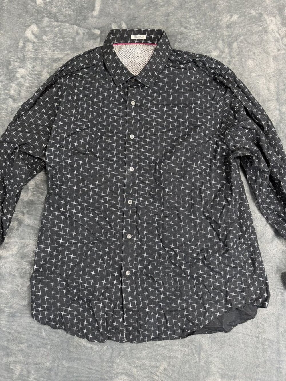 Bugatchi Mens Shaped Fit Long Sleeve Shirt Black White Geometric Pattern Size L